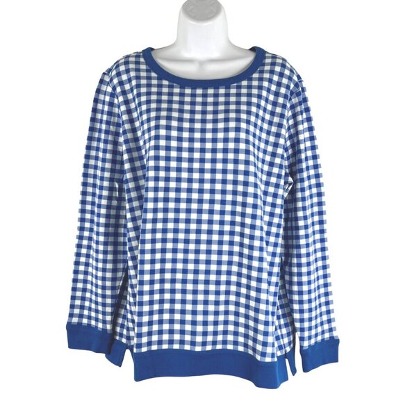 Talbots Gingham Sweatshirt 1X Blue White Long Sleeve Cotton Blend NWT TP-3034 - Picture 1 of 9